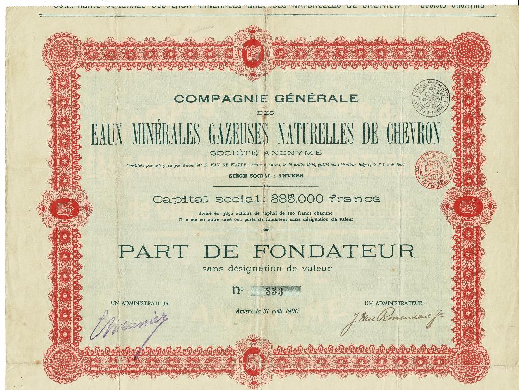 Eaux minérales gazeuses naturelles de Chevron - Anvers 1906, Timbres & Monnaies, Actions & Titres, Envoi, Avant 1920, Autres types