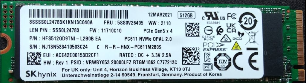 SK Hynix PC611 512 Go M.2 NVMe PCIe 3.0 x4, Informatique & Logiciels, Disques durs, Enlèvement ou Envoi, SSD, Utilisé, Autres connexions
