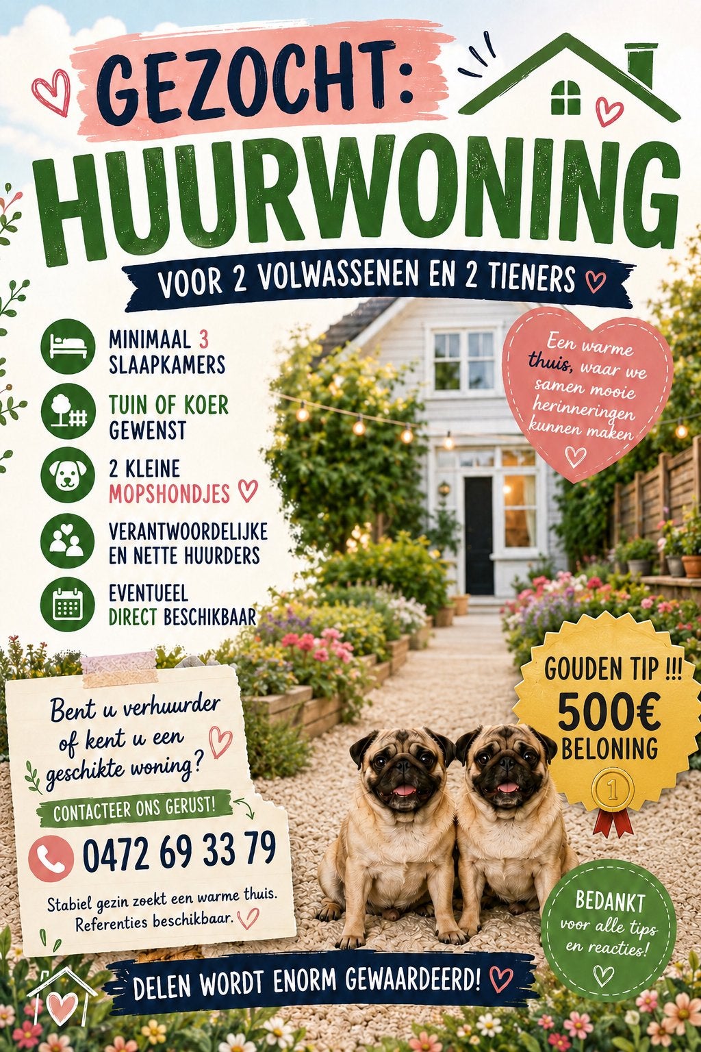Gezocht woning gouden tip is 500€ in envelop !!