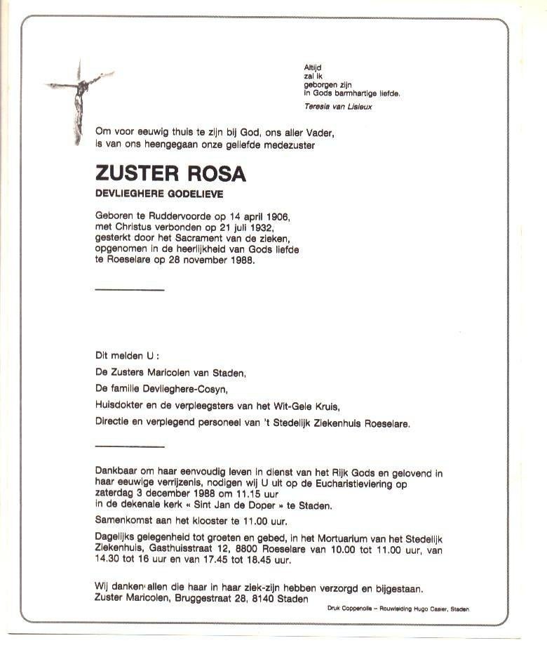 Doodsbrief Zuster Rosa Devlieghere Ruddervoorde Roeselare 88, Verzenden, Rouwkaart