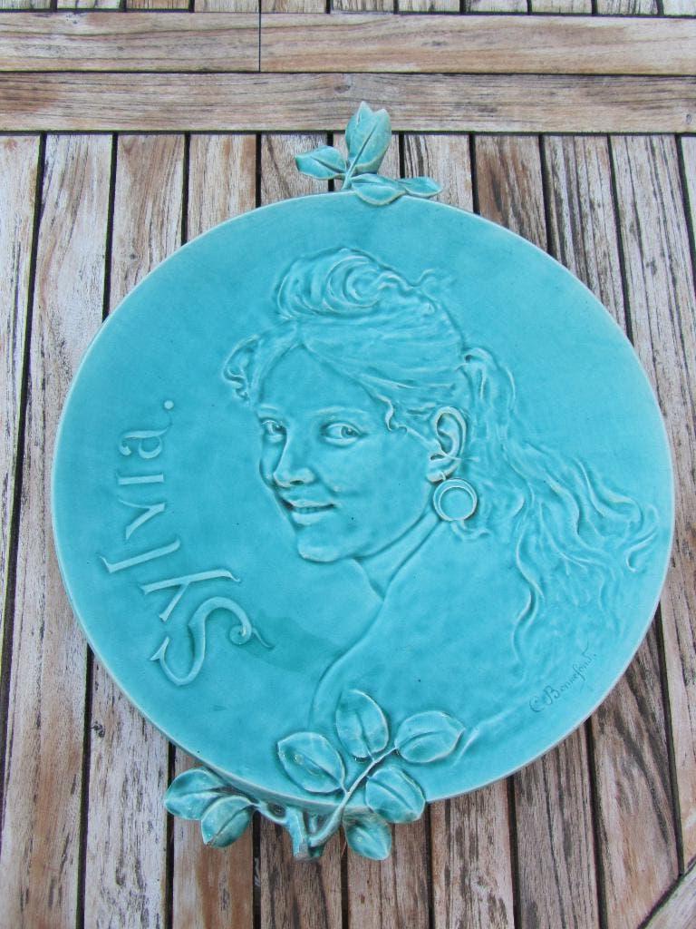 Art Nouveau, grande plaque barbotine émaillée, C. Bonnefond!, Enlèvement
