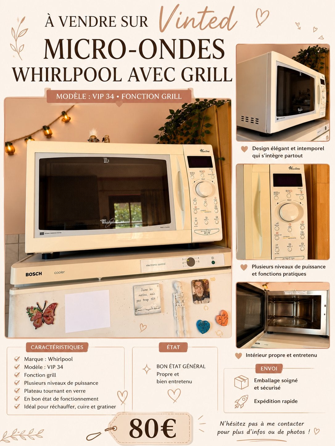 Micro-ondes Whirlpool avec fonction Grill, Enlèvement, Utilisé, À Poser, Micro-ondes
