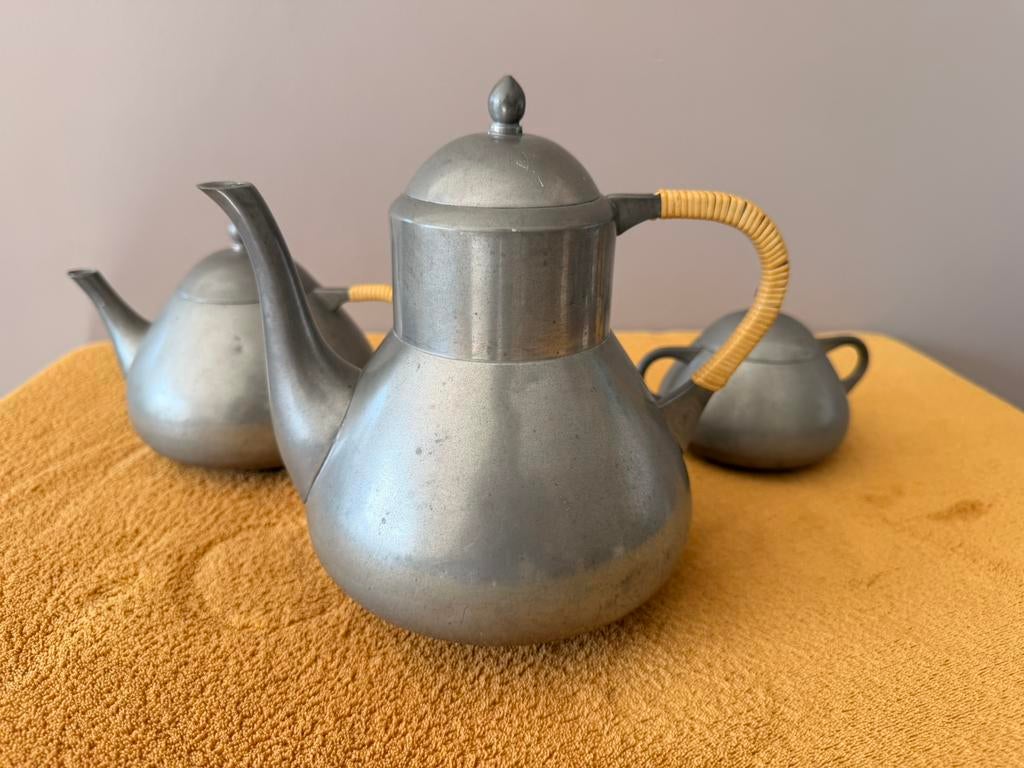 Vintage TINNEN theeservies (pewter) / 3 delig / 1950, Ophalen of Verzenden