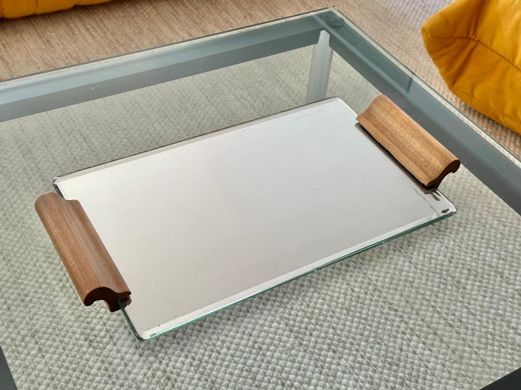 Plateau Art Deco 1930 en bois et miroir biseauté vintage, Antiek en Kunst, Antiek | Schalen, Ophalen