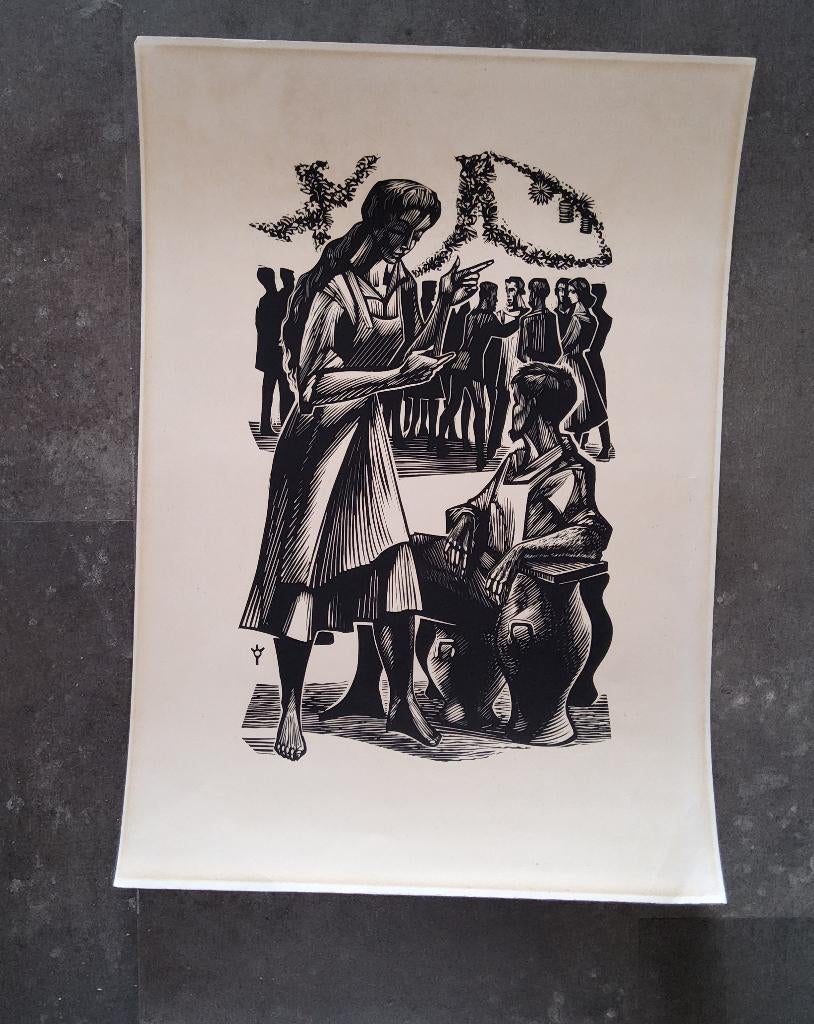 Linosnede bruiloft te Kana 1964 door Frank-Ivo Van Damme, Antiek en Kunst, Ophalen of Verzenden