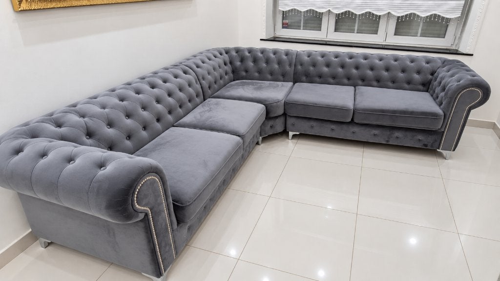 Grijze fluwelen hoekbanken voor 3 en 2 personen, Ophalen, 125 tot 150 cm, 150 tot 200 cm, Hoekbank