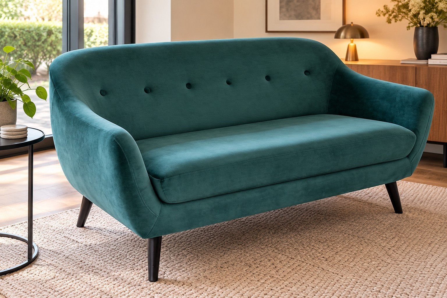 Canapé 2 places élégant en velours vert chaud — design rétro, 75 à 100 cm, 150 à 200 cm, Comme neuf, Enlèvement