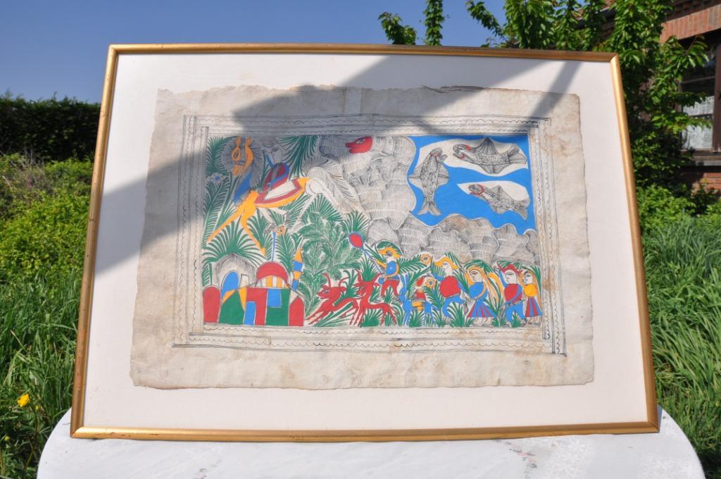 §  peinture origine inconnue sur support fibreux encadrée, Antiek en Kunst, Kunst | Niet-Westerse kunst, Ophalen of Verzenden