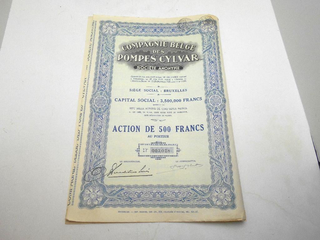 ancienne action Cie belge des pompes Cylvar Bruxelles 1929, Antiquités & Art, Enlèvement ou Envoi