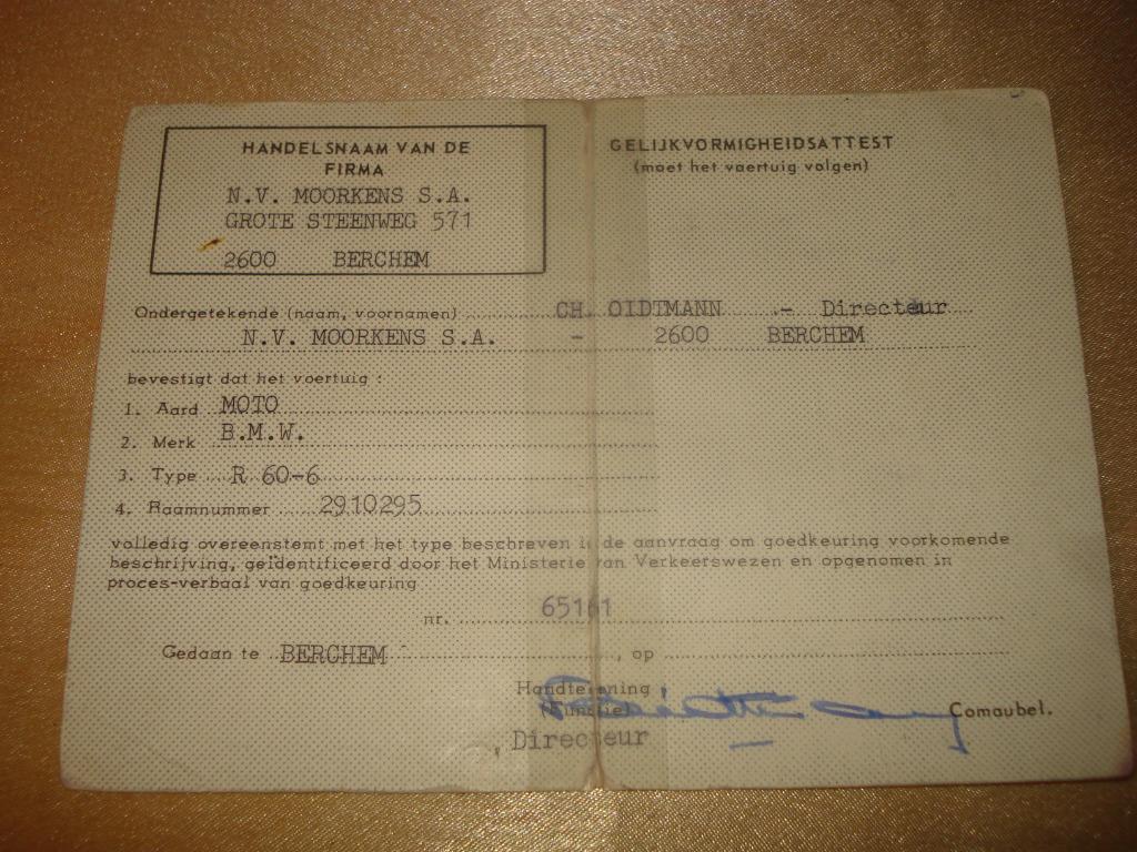 Ancien Certificat de Conformité Moto B.M.W. R 60 -6, Motoren, Handleidingen en Instructieboekjes, Ophalen of Verzenden, BMW