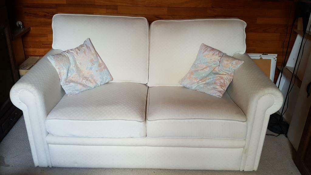 Sofa : Twee zit in beige stof met klein motiefje.., 75 à 100 cm, Zie foto, Enlèvement, Utilisé