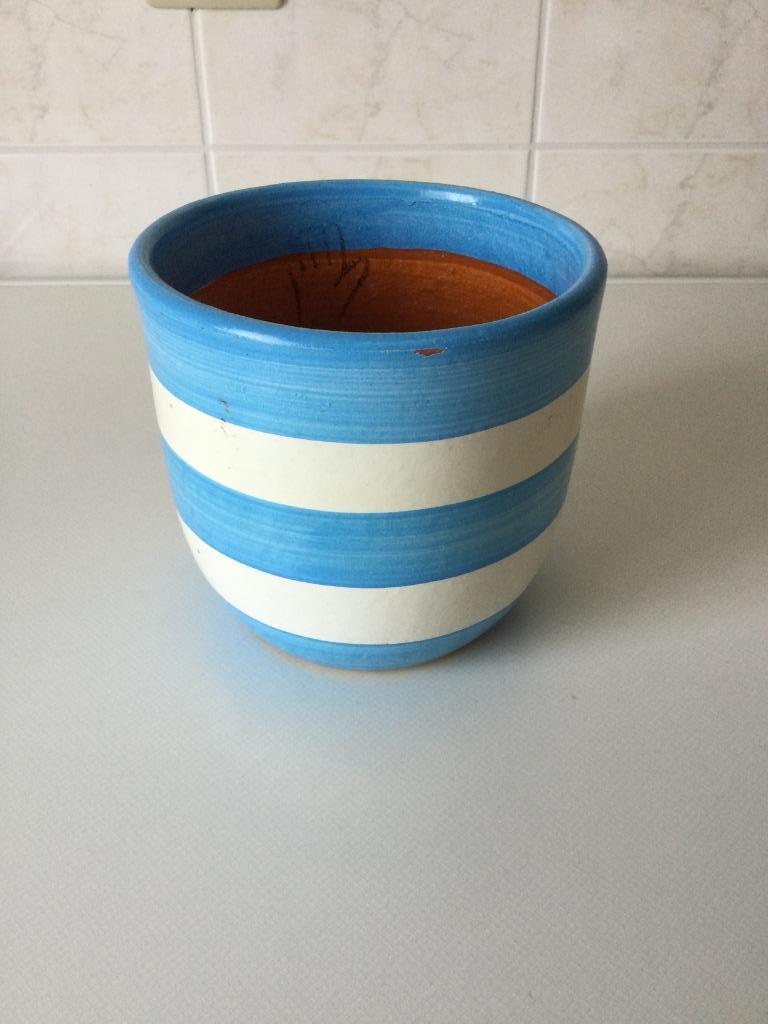 Blauw/wit gestreepte bloempot - chachepot, Enlèvement ou Envoi