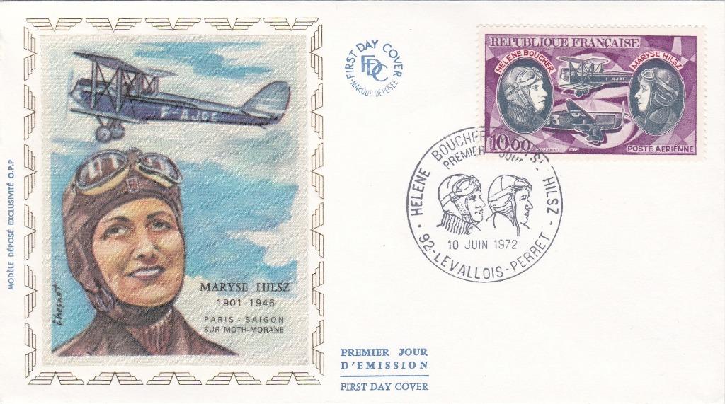1e dag postzegel +omslag 1972- Maryse Hilsz -vliegtuigpilote, Ophalen of Verzenden