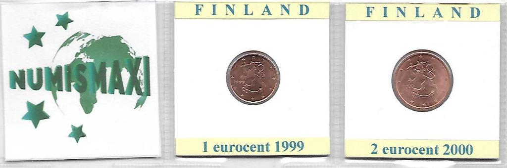 1 eurocent 1999 en 2 eurocent 2000 Finland, Postzegels en Munten, Ophalen of Verzenden, Finland