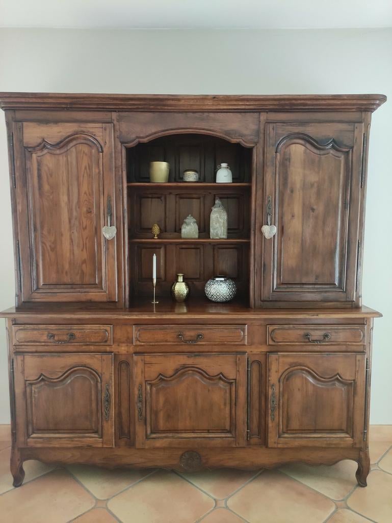 Buffet vaisselier deux corps chêne massif brun foncé, Huis en Inrichting, Kasten | Buffetkasten, Gebruikt, Eikenhout, Ophalen