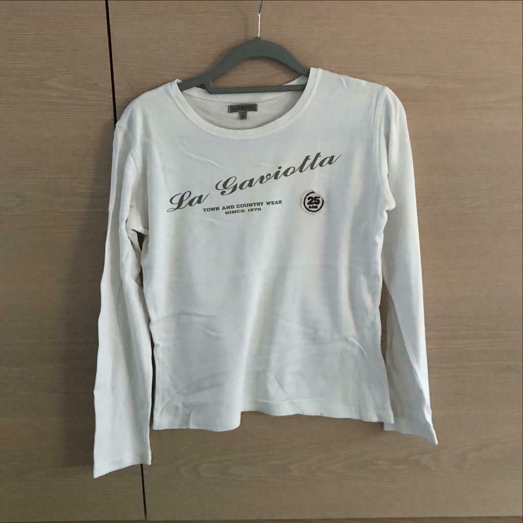 Witte longsleeve met kaki letters - La Gaviotta - mt 4 (= S), Kleding | Dames, Ophalen, Wit, Lange mouw, Maat 36 (S)