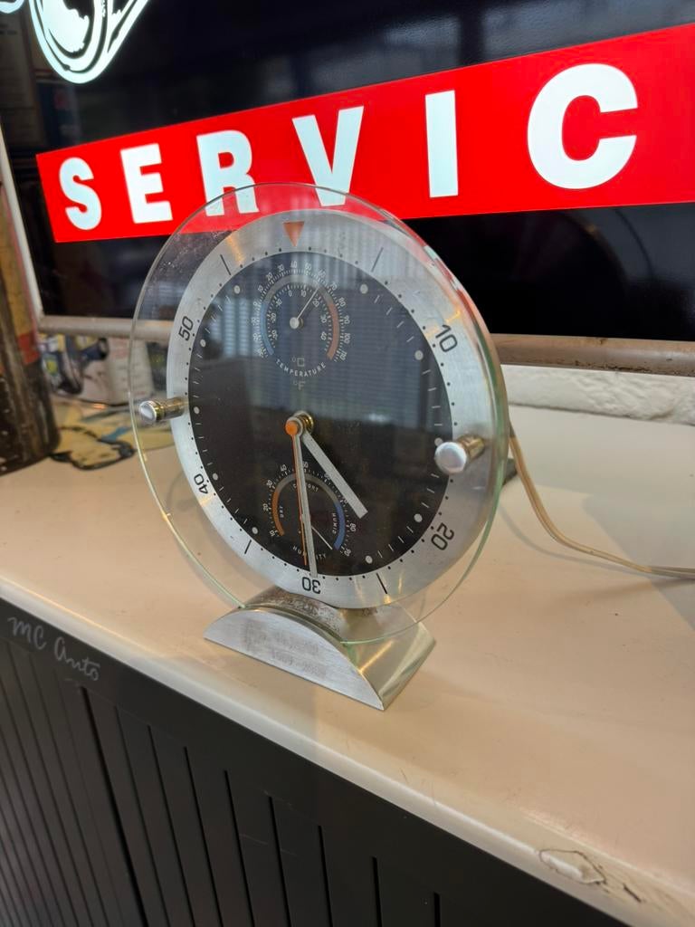 Vintage garage klok / Thermometer, Ophalen of Verzenden, Gebruikt, Gebruiksvoorwerp
