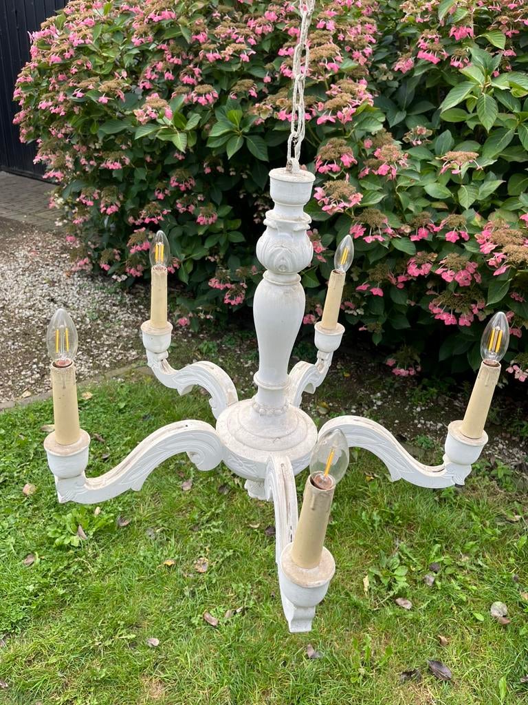 Luchters in hout - 2 stuks, Huis en Inrichting, Lampen | Kroonluchters, Ophalen, Hout