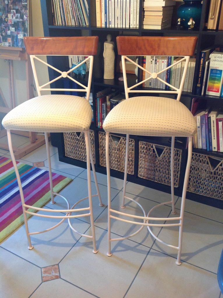 Tabourets de bar vintage, fer forgé et bois, état impeccable, 2 tabourets, Enlèvement, Comme neuf, Bois