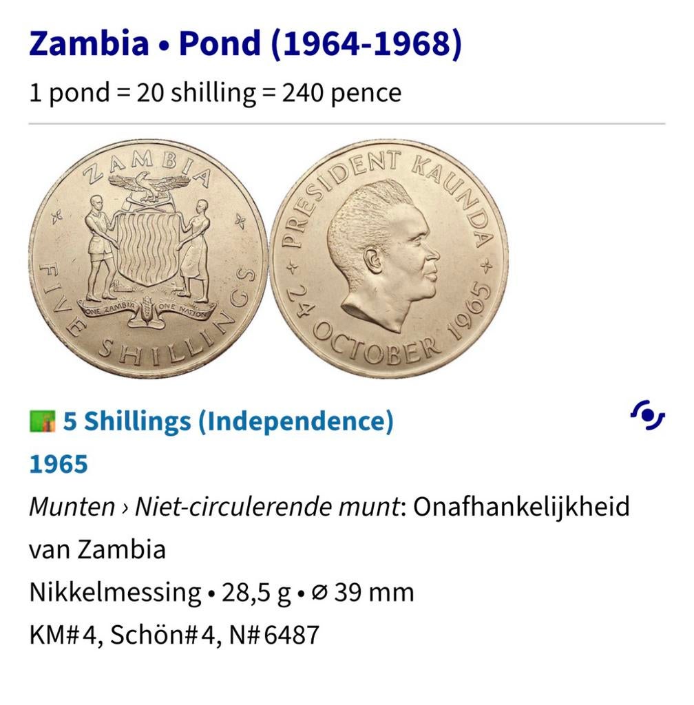 5 shilling Zambia “Independance”, Postzegels en Munten, Munten | Afrika, Ophalen of Verzenden, Zambia