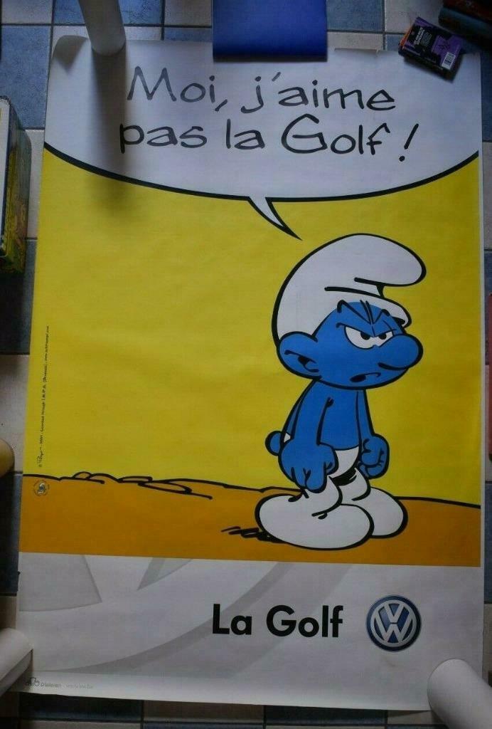 Grande Affiche Les schtroumpfs Golf VW Volkswagen Peyo RARE, Enlèvement, Utilisé, Schtroumpf Grognon, Autres types