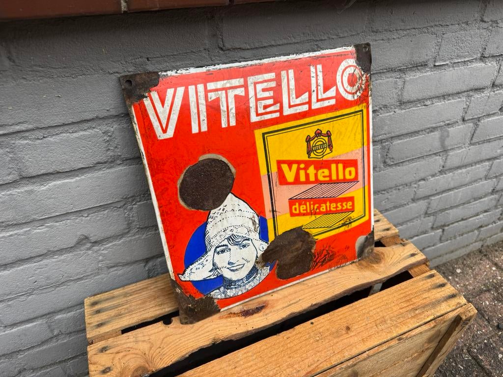 Ancien panneau d'affichage en émail Vitello, Collections, Enlèvement ou Envoi, Utilisé, Panneau publicitaire