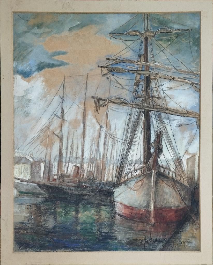 Pastel 'La Croisette' - Haven Cannes 1929, Antiek en Kunst, Ophalen of Verzenden