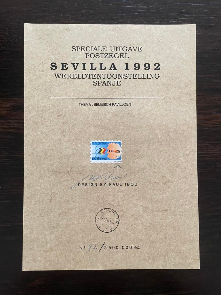 Gesigneerde postzegel Paul Ibou Sevilla 1992, Ophalen of Verzenden