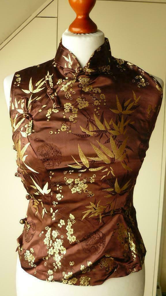 Aziatische mouwloze blouse bruin/goud XS, Enlèvement ou Envoi, Comme neuf, Taille 34 (XS) ou plus petite, Brun
