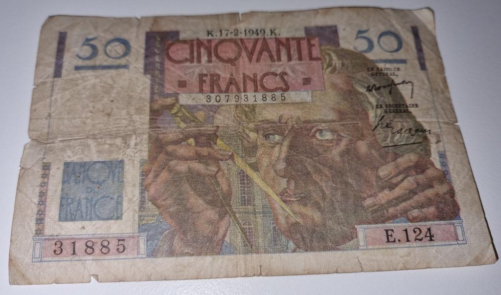 Bankbiljet van 50 frank, Bank of France, jaar 1949, Ophalen of Verzenden, Frankrijk, Los biljet