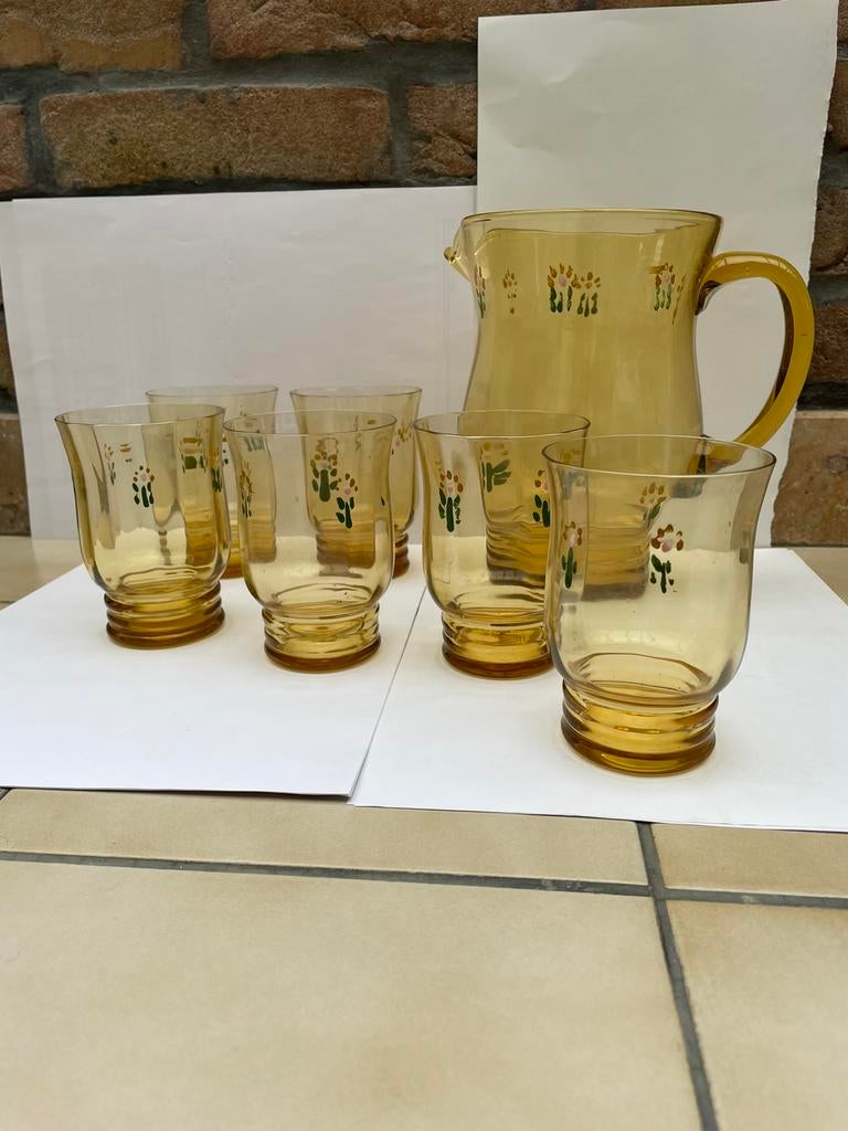 Cruche ancienne et verres assortis, peints à la main, Enlèvement ou Envoi, Utilisé