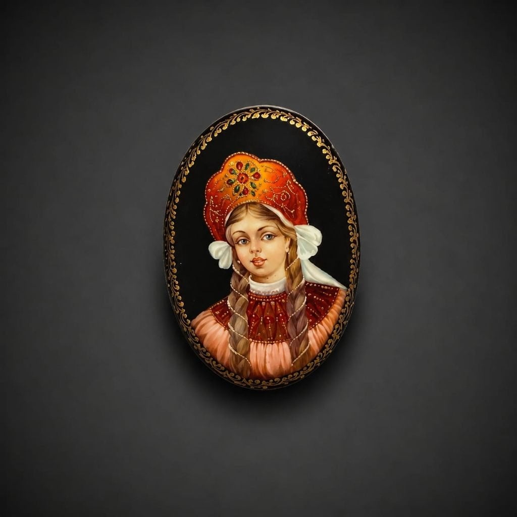 Broche, Russisch gelakt kunstwerk van Fedoskino., Ophalen, Zo goed als nieuw, Overige kleuren, Overige materialen