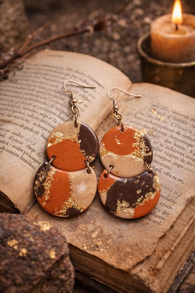 Oorbellen „Terre Brûlée” — handgemaakt, Handtassen en Accessoires, Oorbellen, Overige materialen, Hangers, Beige, Nieuw
