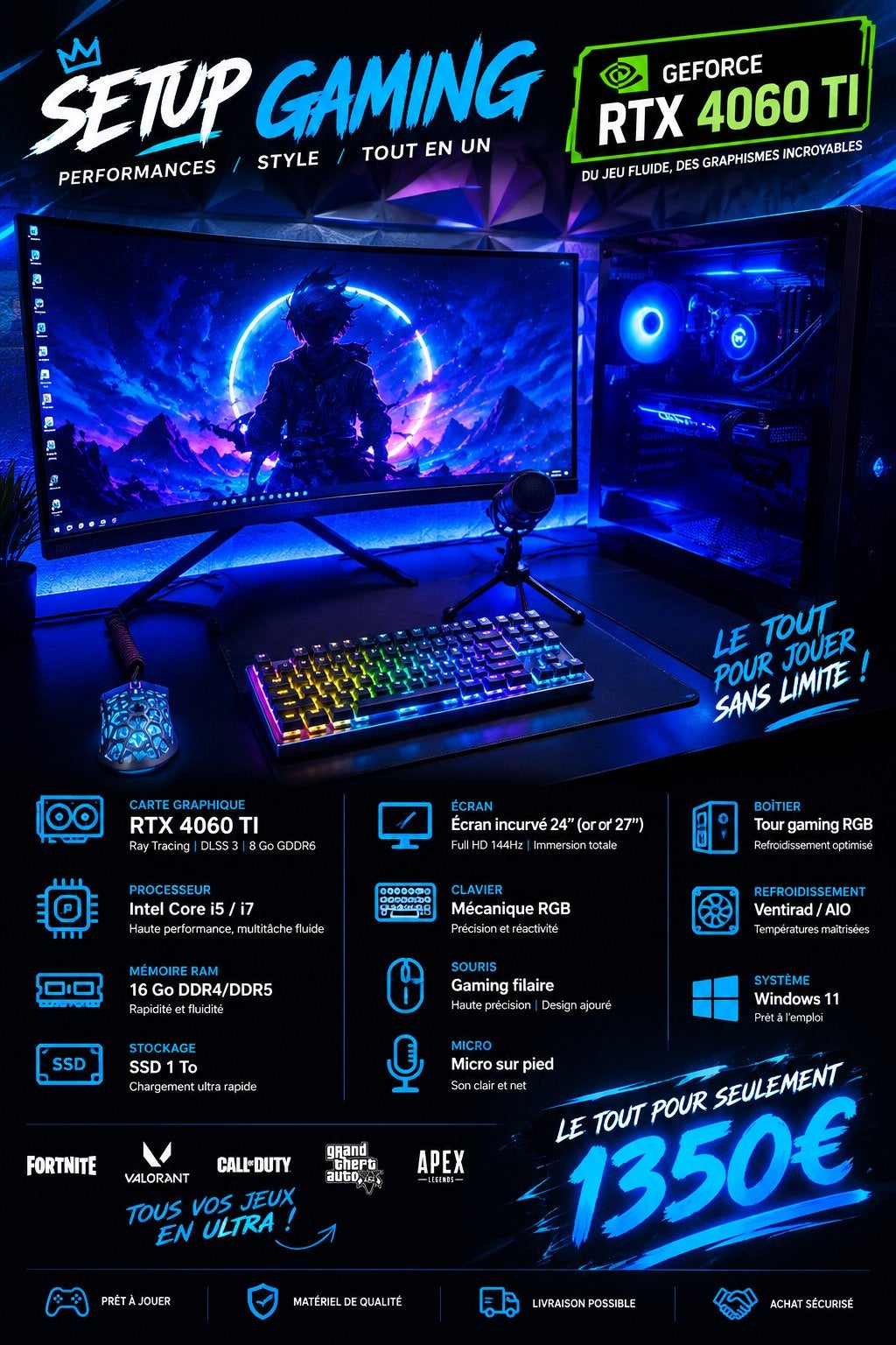 Pc gamer 4060 TI, Enlèvement, Comme neuf