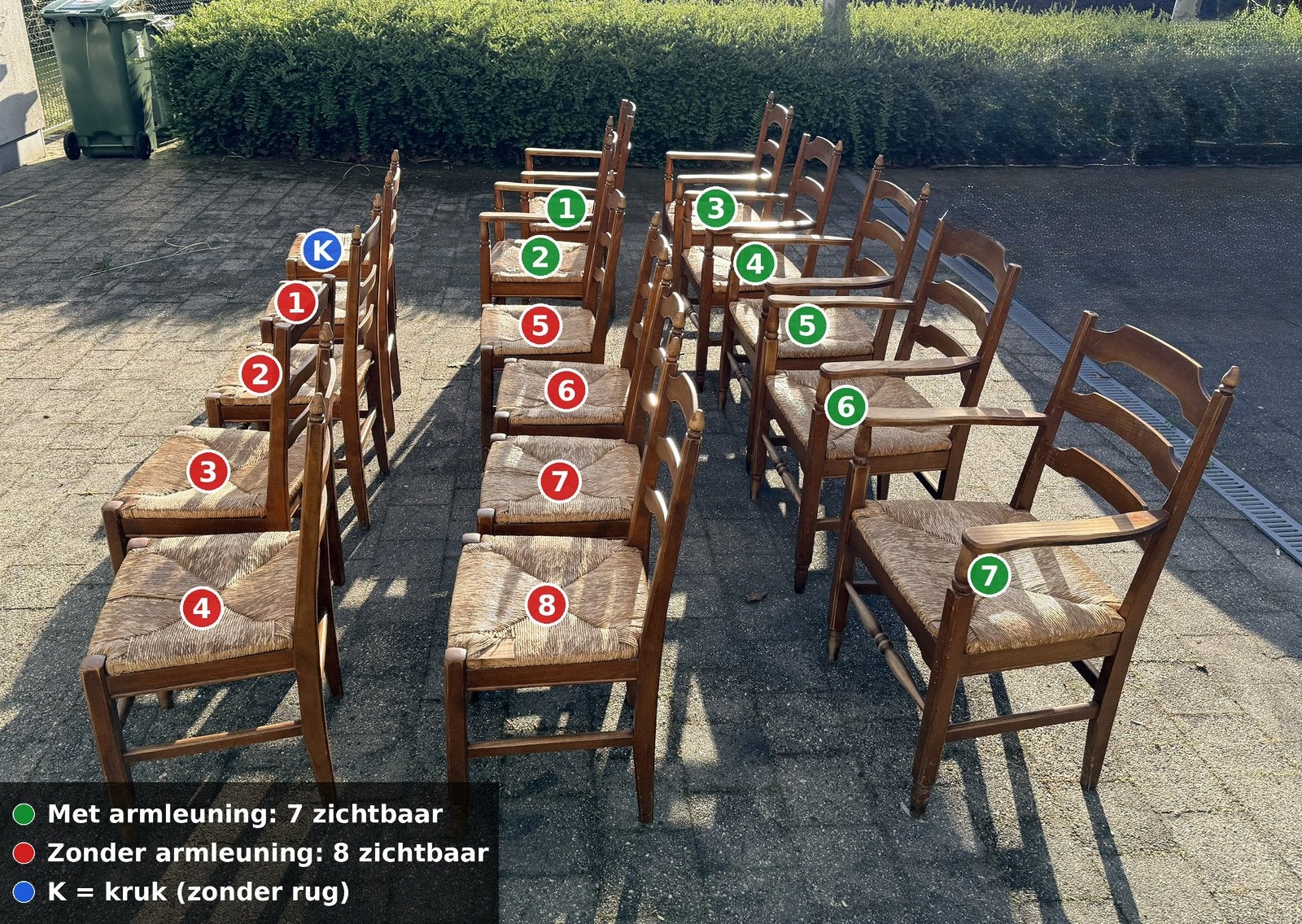 7 chaises en bois et en osier avec accoudoirs, Antiek, Osier ou Rotin, Brun, Enlèvement