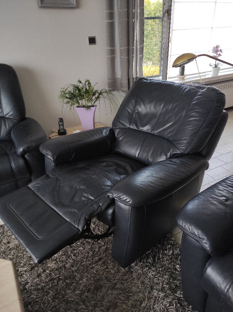 Lederen 3-zit en 2 relax zetels donkerblauw, Huis en Inrichting, Ophalen, Gebruikt, Leer, Rechte bank