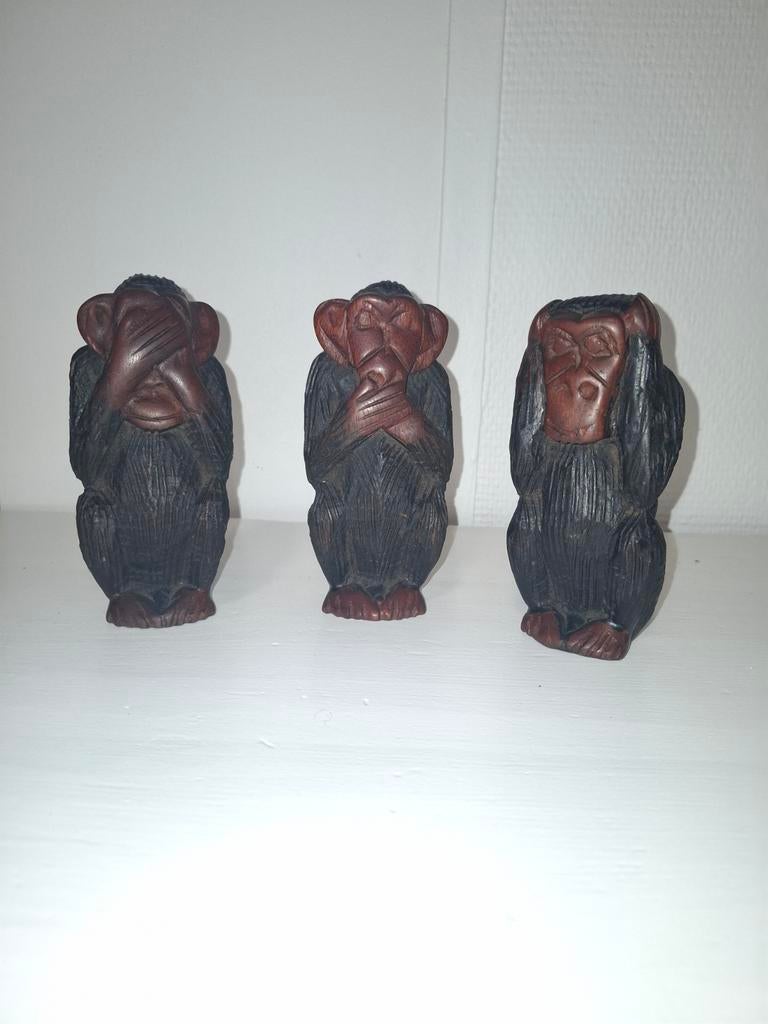 3 beeldjes Afrikaanse artisanale wijsheidsapen Guinea, Ophalen, Minder dan 20 cm, Art deco, Beeld