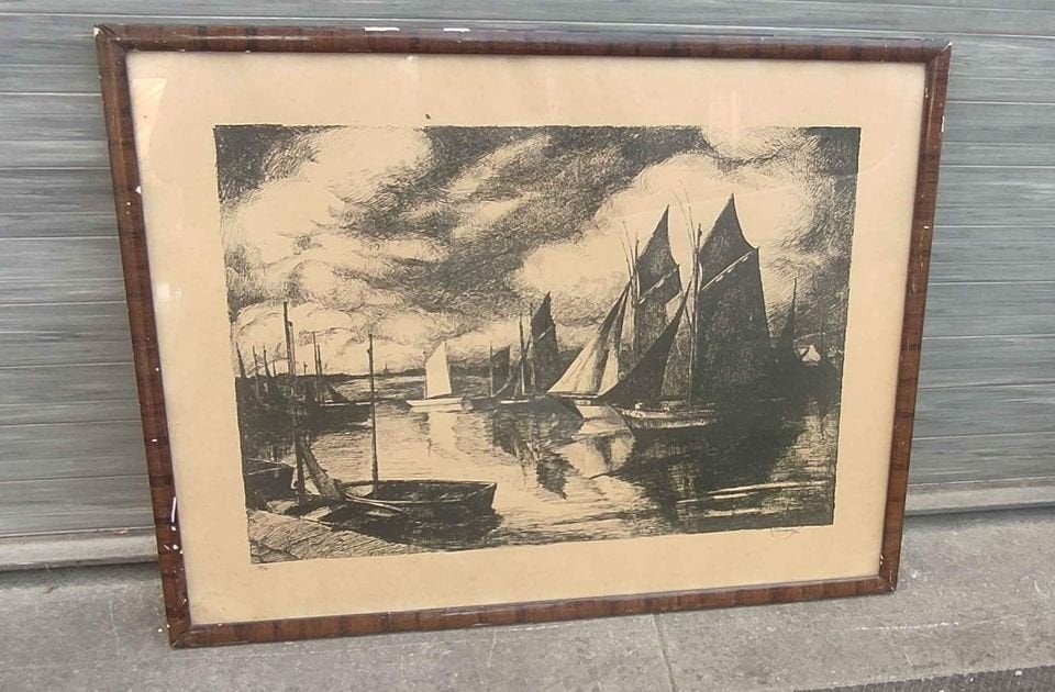 Lithographie marine signe Fernand lienaux, Antiquités & Art, Enlèvement ou Envoi, Lithographie