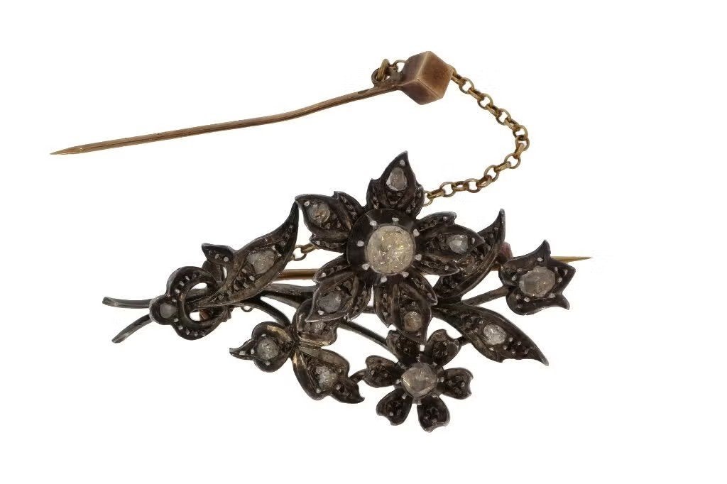 Grote diamanten antieke 14k gouden bloem broche dame zilver, Handtassen en Accessoires, Ophalen of Verzenden, Zilver, Broche, Met edelsteen