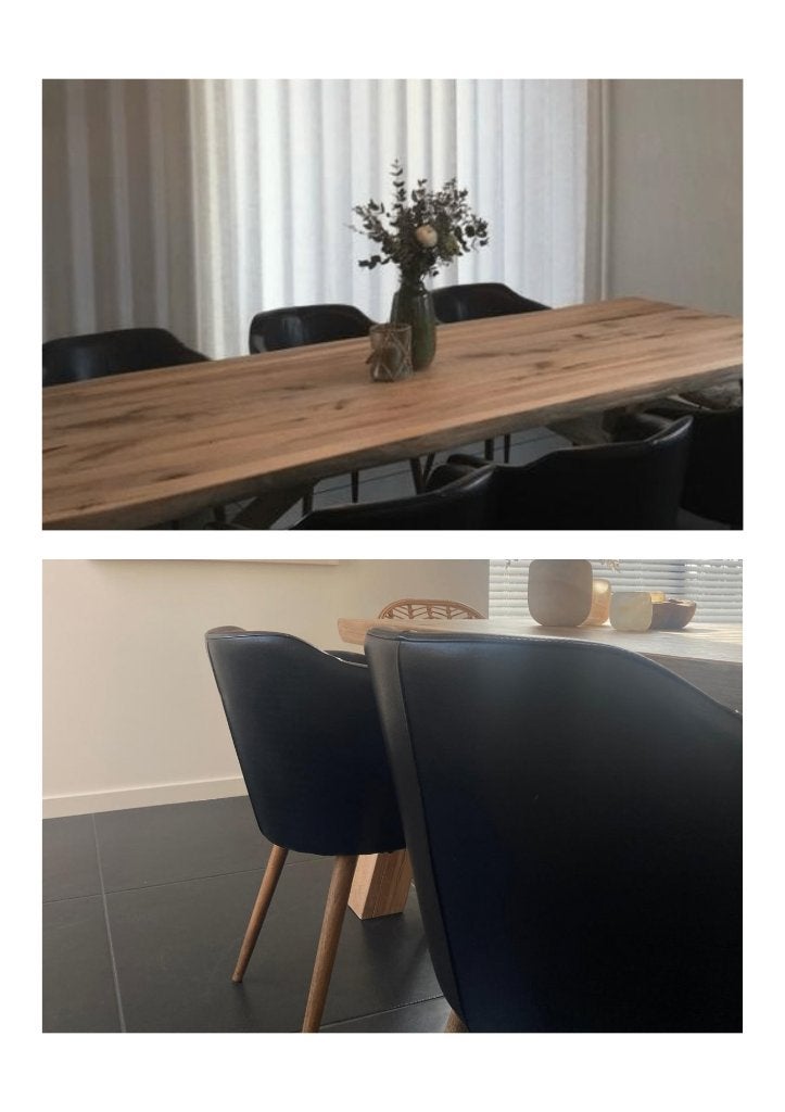 6 eetkamerstoelen: massief eik & zwart leder, Huis en Inrichting, Ophalen, Gebruikt, Zwart, Hout