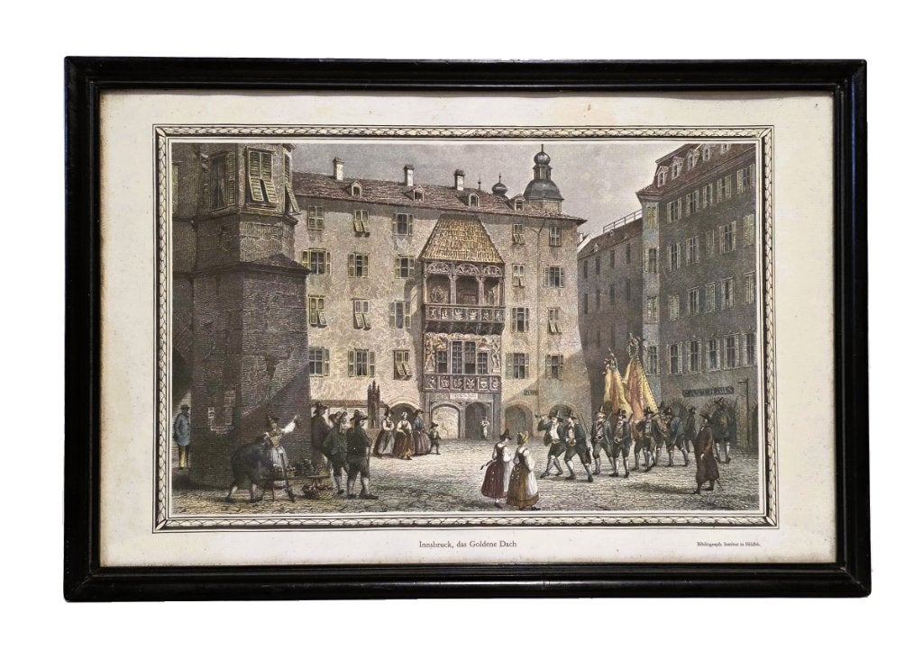 Gravure ancienne coloriée à la main., Antiquités & Art, 28 cm, Enlèvement ou Envoi, 42 cm, Vue urbaine