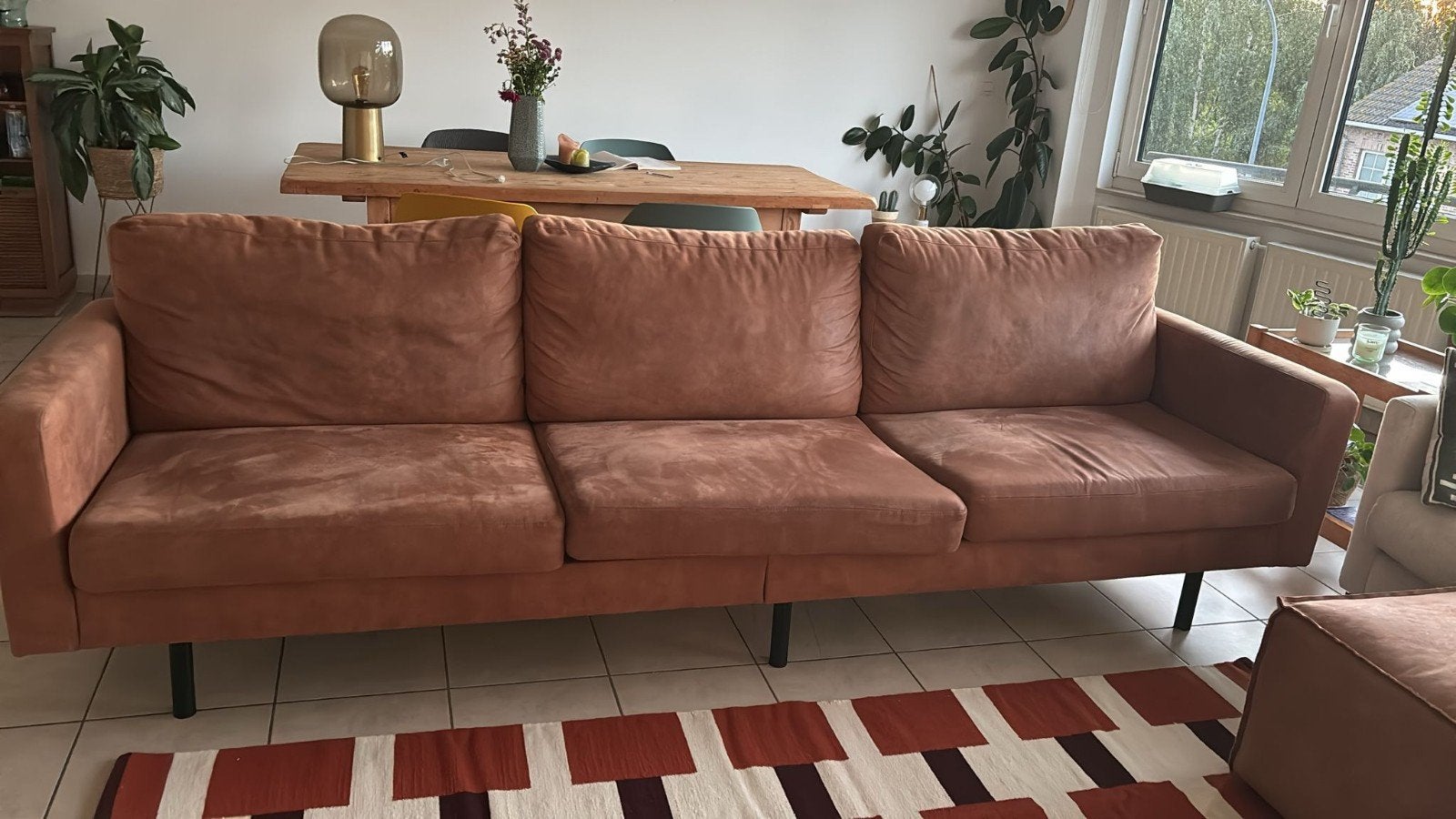 Cognac kleur 4 zit zetel, Huis en Inrichting, Ophalen, 250 tot 300 cm, Klassiek, 75 tot 100 cm