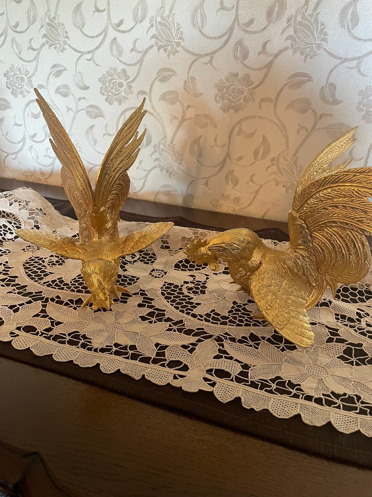 2 magnifiques figurines de poules en bronze doré, Enlèvement, Comme neuf