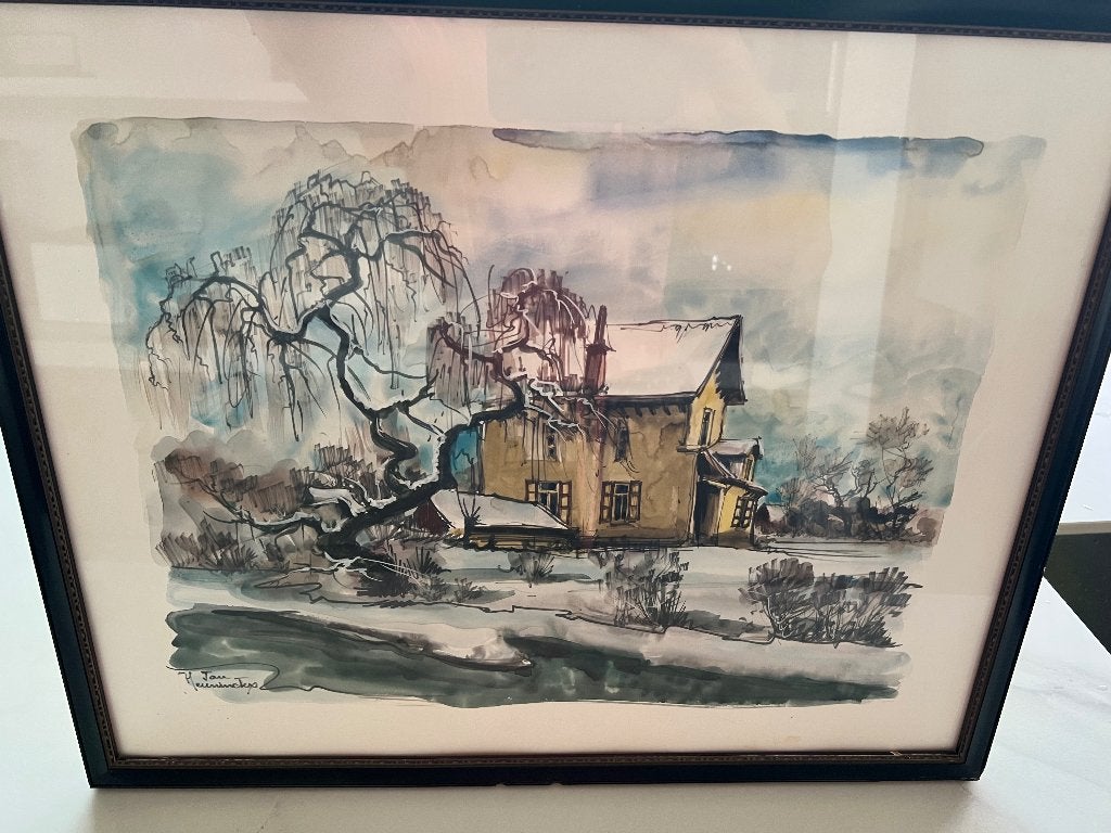 Schilderij landschap aquarel, Aquarelle, Paysage, Enlèvement, Encadré