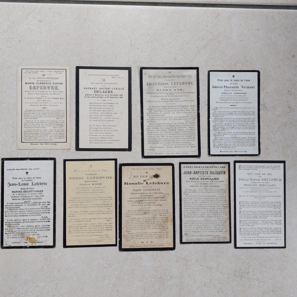 Lot van 9 oude bidprentjes van Mouscron (periode 1900-1925), Ophalen of Verzenden