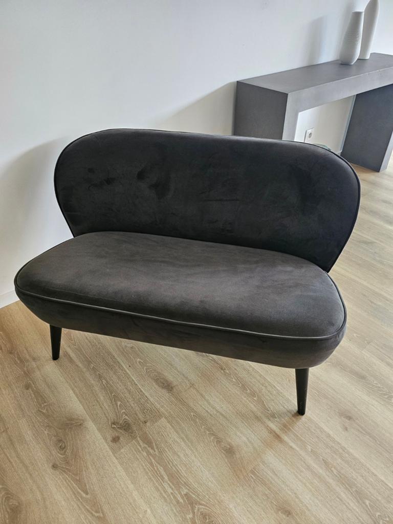 Canapé fauteuil woood sara gris velours en très bon état, Ophalen