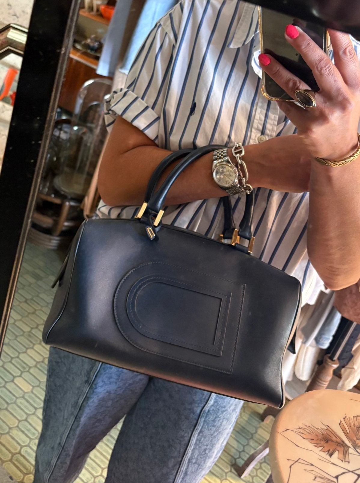 DELVAUX LOUISE BOSTON marineblauw, Ophalen, Zo goed als nieuw, Blauw, Handtas