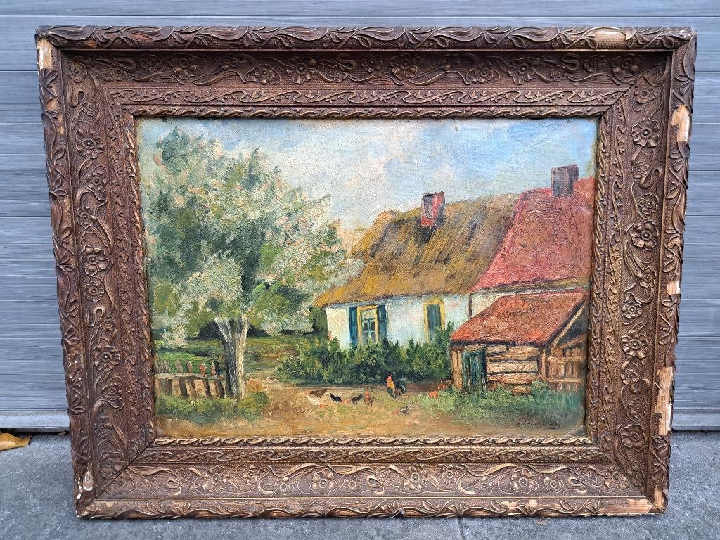Huile sur toile marouffle cour de ferme signe, Enlèvement ou Envoi