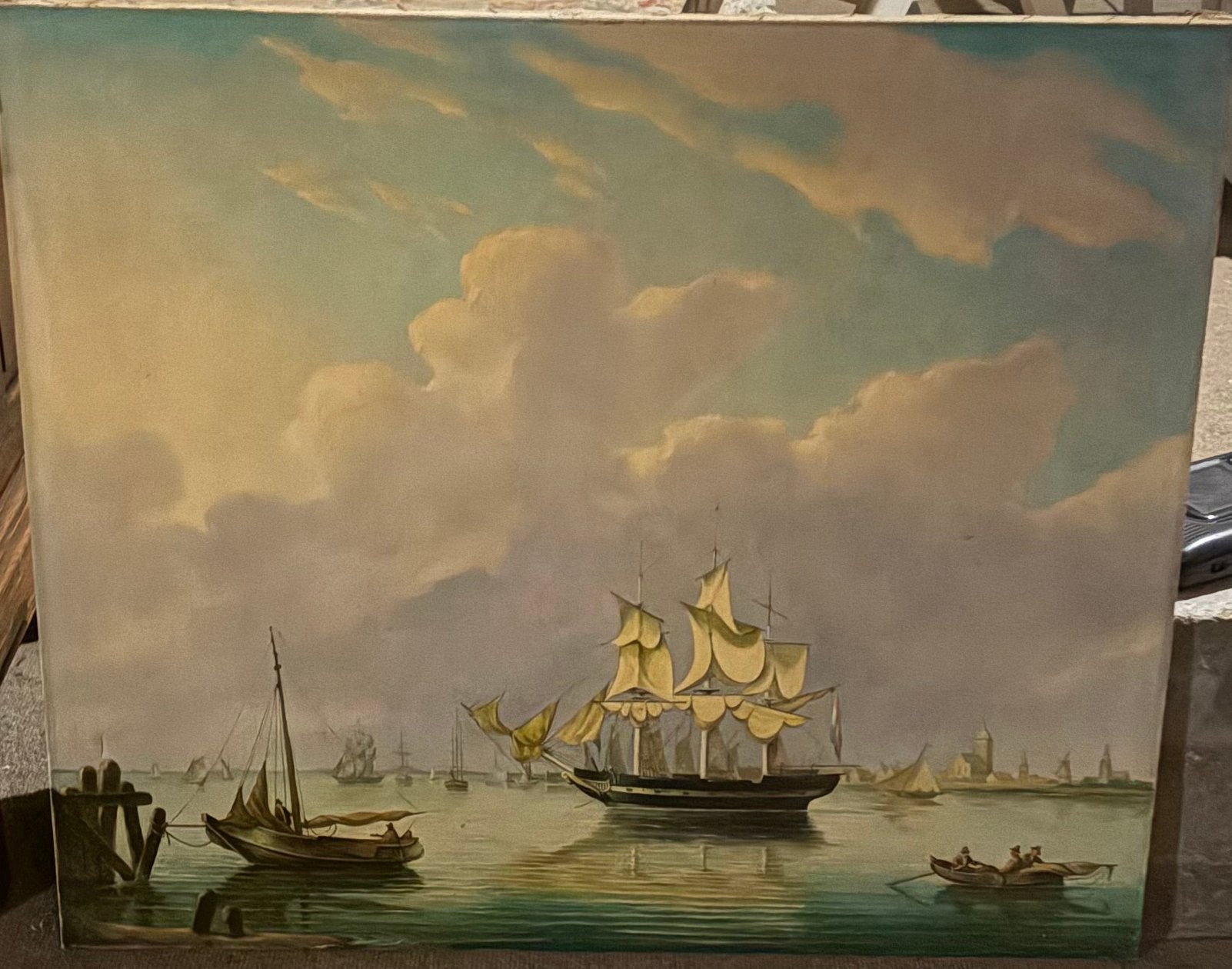 Groot maritiem schilderij met zeilschepen – 92  87 cm, Ophalen, Klassiek