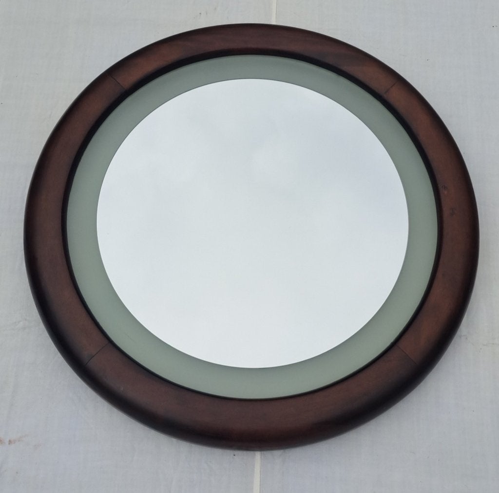 Miroir vintage rond bois acajou éclairage intégré italy 1970, Enlèvement, Comme neuf, Rond